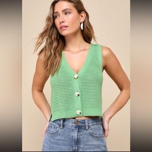 Lulus Aesthetic Ease Green Pierced Knit Button-Front Cropped Tank Top
